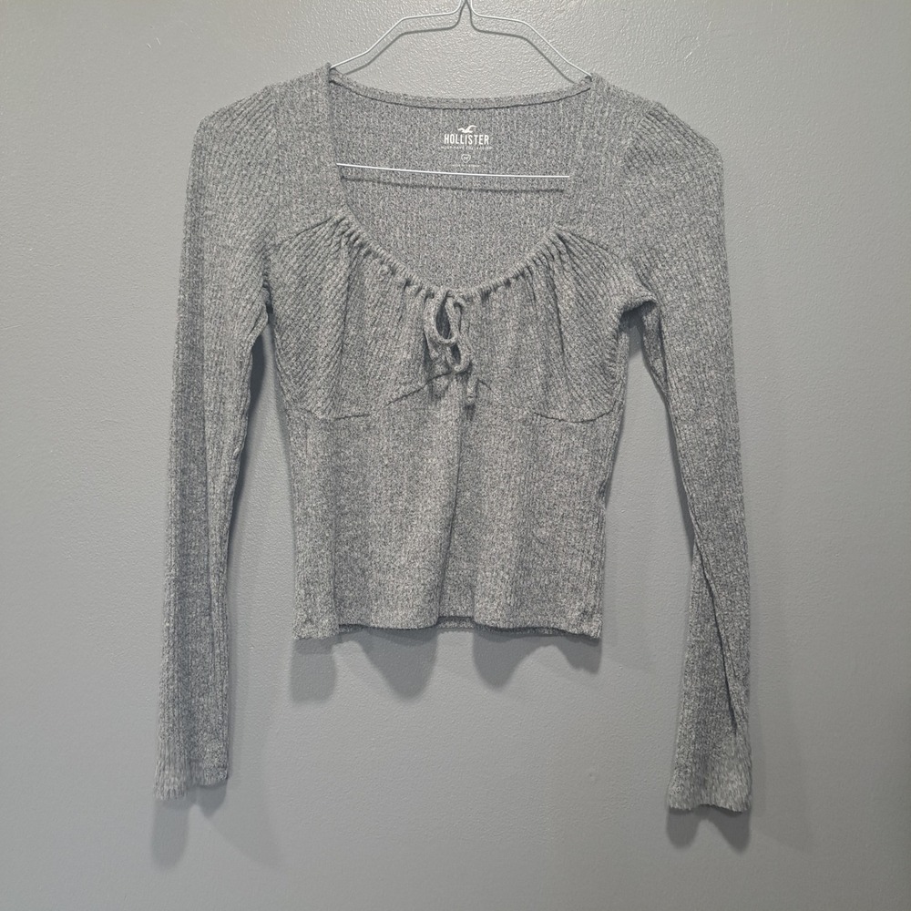 Hollister Womens Grey Ribbed Tie Front Sweetheart Long‎ Sleeve Top Medium M Y2K